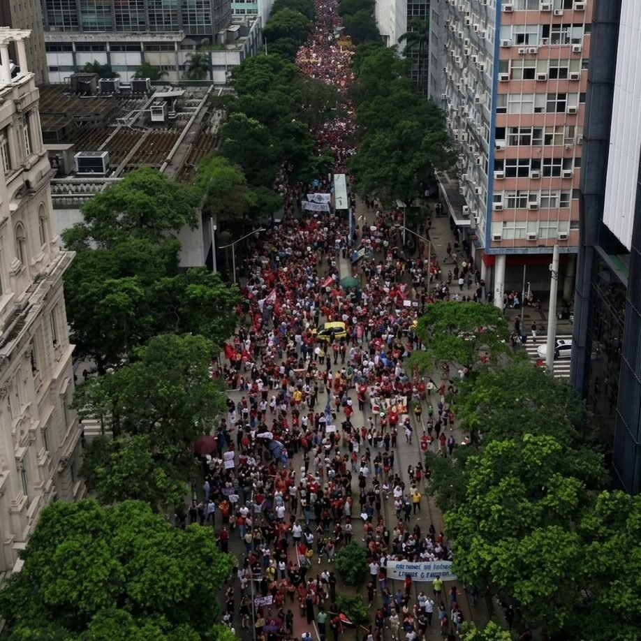 Multidão de jovens e apoiadores políticos reunidos em praça pública, segurando bandeiras e faixas durante manifestação de apoio à candidatura de Lula no segundo turno das eleições.